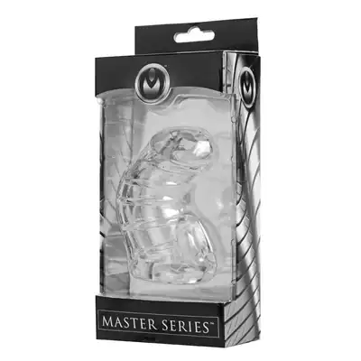 Master Series - Detained Soft Chastity Cage. Klatka na penisa ze specjalnym otworem na końcu, by nic nie ograniczało Twoich wytrysków