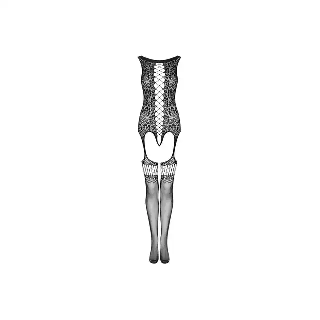 Obsessive - Bodystocking F236 S/M/L. Czarujący bodystocking z kwiatowym motywem i gorsetową stawką 