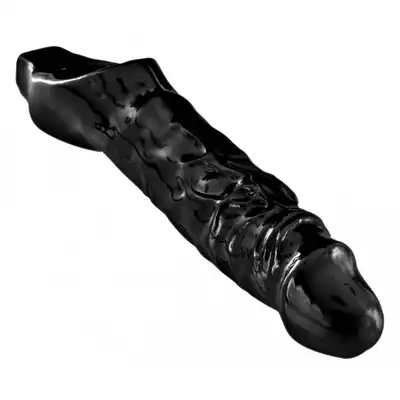 Master Series - AD425 Mamba Black. Czarna przedłużka na penisa 16,2 cm. Bardzo estetyczna z ringiem pod jądra!