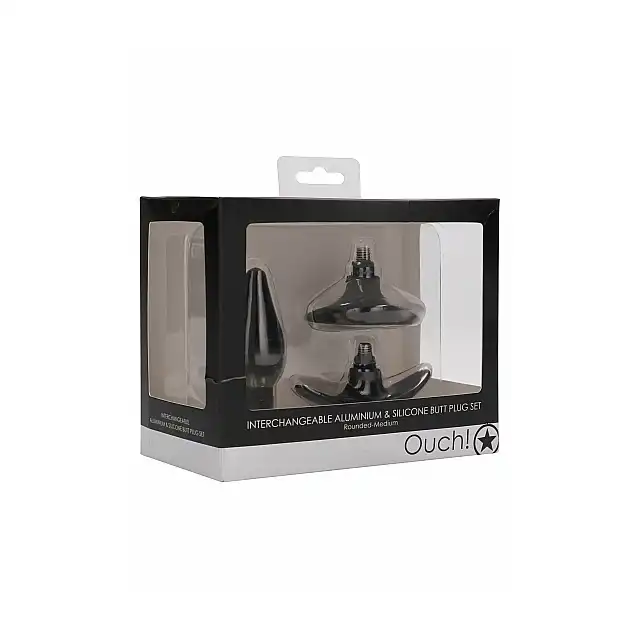 Ouch! - Interchangeable Butt Plug Set M. Zestaw analny z wymiennymi końcówkami. Podstawa z ergonomicznym uchwytem lub mocną przyssawką. Ty wybierz na co masz ochotę. Ostatnia sztuka!
