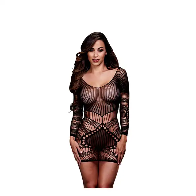 Baci - Longsleeve Lace Mini Dress. Bodystocking w formie seksownej sukienki mini. Łączy w sobie unikalny geometryczny splot koronkowy z pełnymi rękawami i głębokim dekoltem.