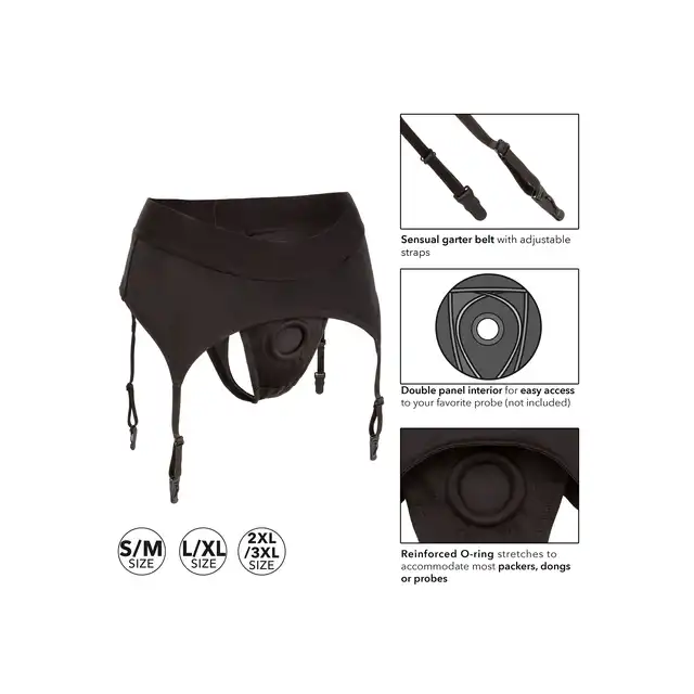 Calexotics - Boundless Thong Garter L/XL - stringi strap-on z pasem do pończoch. Rozkręć sesję BDSM