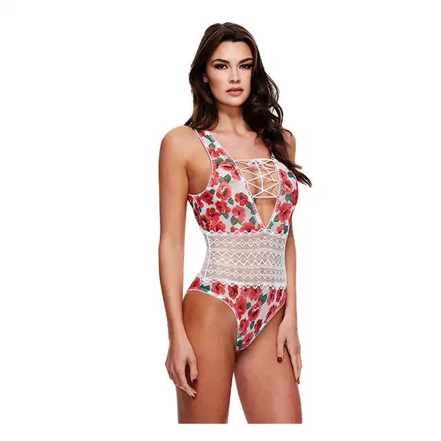 Baci - White Floral &amp; Lace Teddy S/M - kwieciste body z białą koronką. Zmysłowe podkreślenie talii. Mega Oferta -70%