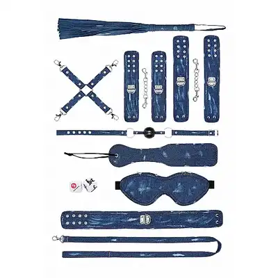 Ouch! - Denim Bondage Kit. Zestaw BDSM z wzorami w stylu Tough Denim. Zawiera wszystko czego potrzebujesz do udanej seksualnej sesji zniewalania