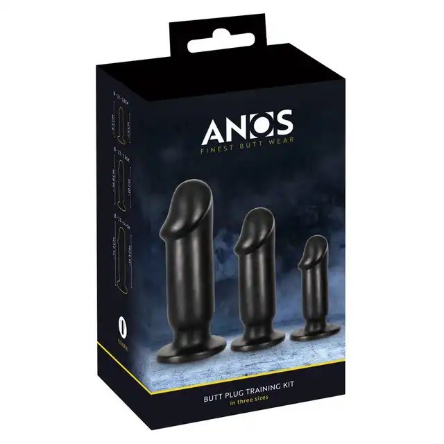 Anos - Butt Plug Training Kit. Zestaw trzech czarnych wtyczek analnych w kształcie penisów. Stopniuj swoje analne doświadczenie tak jak lubisz