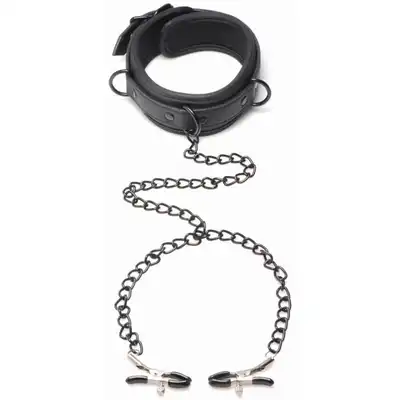 Master Series - Collared Temptress Collar - kołnierz połączony z zaciskami na sutki. Rozkręć sesję BDSM 