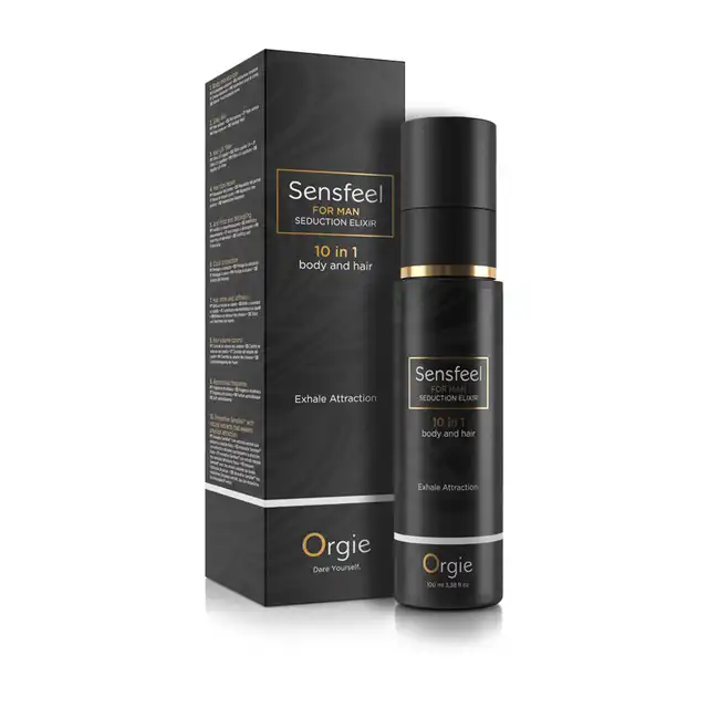 Orgie! - Sensfeel For Man 10in1. Mleczko w spreju do ciała i włosów z feromonami. Naturalna formuła Sensfeel. Naturalne ekstrakty i uwodzicielski męski zapach w eleganckim opakowaniu