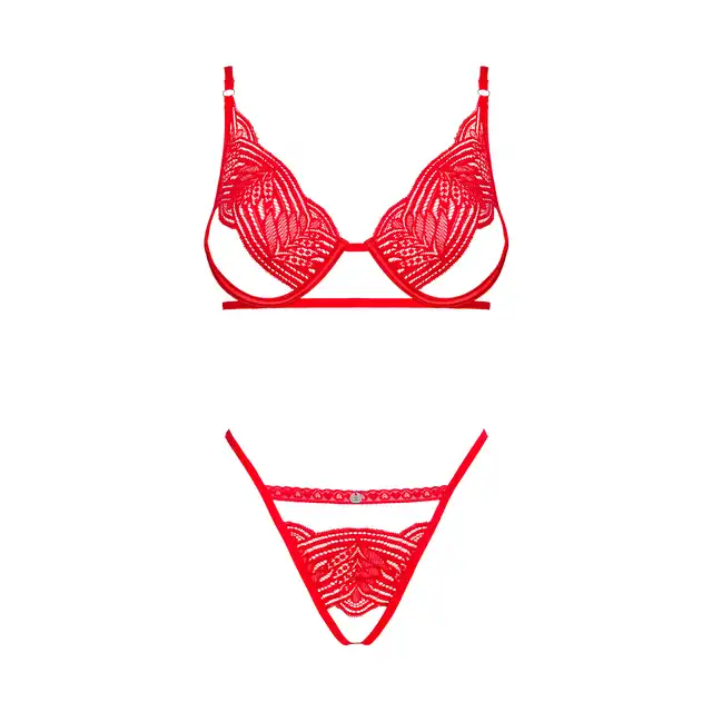 Obsessive - Mellania L/XL. Seksowny czerwony komplet odważnej bielizny. Seksowne wycięcia w biustonoszu i wycięcie w kroku. 