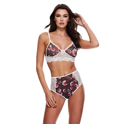 Baci - Grey Floral &amp; Lace M/L - zestaw bielizny we wzór kwiatowy na szarym tle. Urocza, biała koronka. Mega Oferta -70%