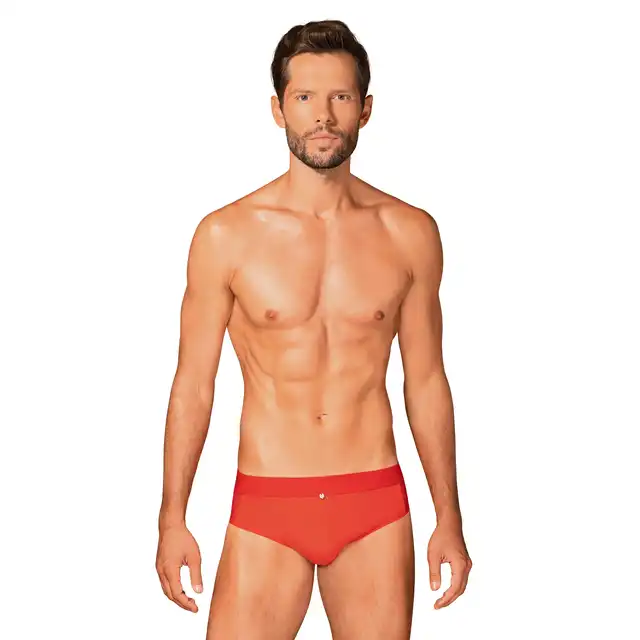 Obsessive - Boldero Briefs Red S/M - klasyczne, męskie slipy w kuszącym, czerwonym kolorze. Ze zmysłowo prześwitującym materiałem 
