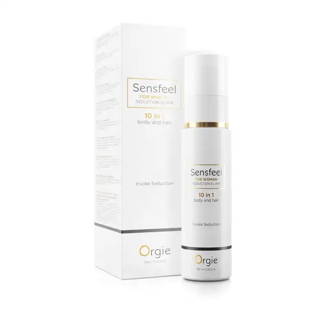 Orgie! - Sensfeel For Woman 10in1. Mleczko w spreju do ciała i włosów z feromonami. Naturalna formuła Sensfeel. Naturalne ekstrakty i uwodzicielski damski zapach w eleganckim opakowaniu