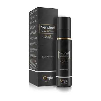 Orgie! - Sensfeel For Man 10in1. Mleczko w spreju do ciała i włosów z feromonami. Naturalna formuła Sensfeel. Naturalne ekstrakty i uwodzicielski męski zapach w eleganckim opakowaniu