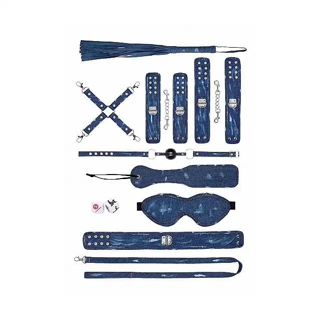 Ouch! - Denim Bondage Kit. Zestaw BDSM z wzorami w stylu Tough Denim. Zawiera wszystko czego potrzebujesz do udanej seksualnej sesji zniewalania