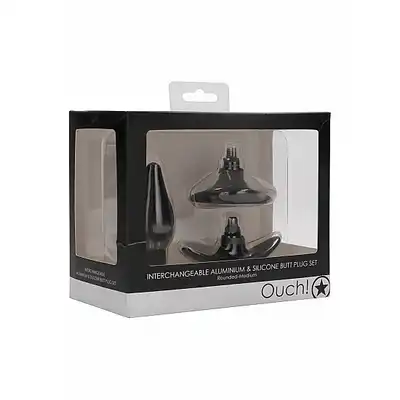 Ouch! - Interchangeable Butt Plug Set M. Zestaw analny z wymiennymi końcówkami. Podstawa z ergonomicznym uchwytem lub mocną przyssawką. Ty wybierz na co masz ochotę. Ostatnia sztuka!