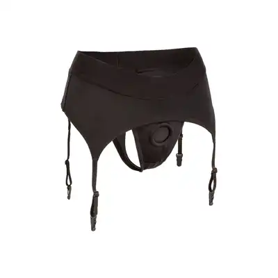 Calexotics - Boundless Thong Garter L/XL - stringi strap-on z pasem do pończoch. Rozkręć sesję BDSM