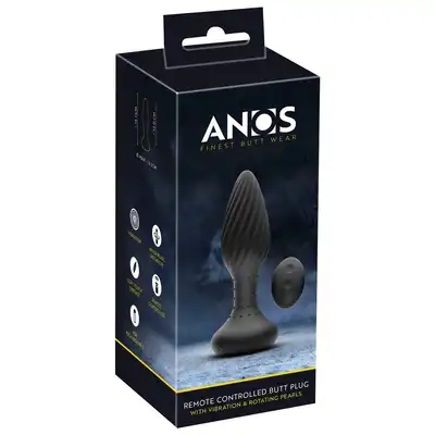Anos - Remote Controled Butt Plug. Czarny, wibrujący plug analny z obracającymi kulkami. 10 trybów wibracji sterowane pilotem