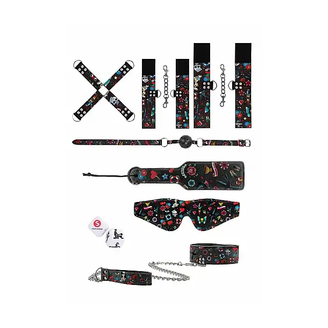 Ouch! - Tattoo Style Bondage Kit. Zestaw BDSM z wzorami w stylu Old School Tattoo. Zawiera wszystko czego potrzebujesz do udanej seksualnej sesji zniewalania