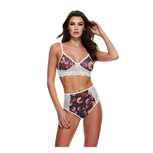 Baci - Grey Floral &amp; Lace M/L - zestaw bielizny we wzór kwiatowy na szarym tle. Urocza, biała koronka. Mega Oferta -70%
