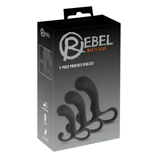 Rebel - 3 Piece Prostate Plug Set. Zestaw trzech czarnych wtyczek analnych, o kształcie idealnie stymulującym prostatę