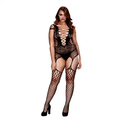 Baci - Corset Front Suspender Fishnet Queen Size. Bodystocking z pięknej, wzorzystej siateczki. Doskonałe dopasowanie do ciała z iluzją gorsetu i pończoch.