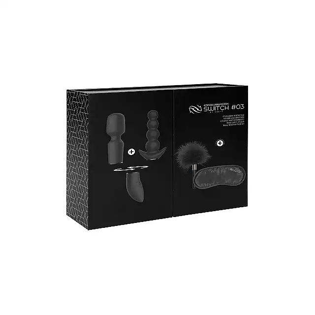 Shots - Switch Kit #3 Black - zestaw wibratorów z wymiennymi główkami oraz zmysłowa opaską i delikatnym piórkiem. Ostatnia sztuka!
