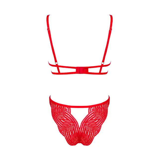 Obsessive - Mellania L/XL. Seksowny czerwony komplet odważnej bielizny. Seksowne wycięcia w biustonoszu i wycięcie w kroku. 