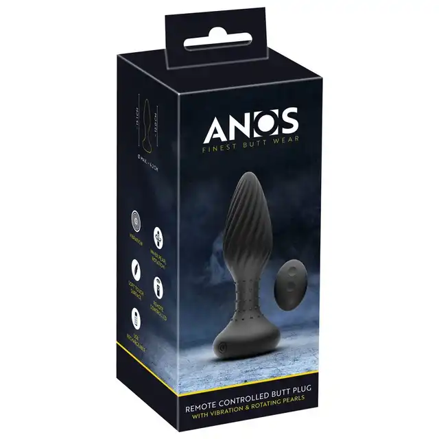 Anos - Remote Controled Butt Plug. Czarny, wibrujący plug analny z obracającymi kulkami. 10 trybów wibracji sterowane pilotem