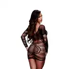 Baci - Longsleeve Lace Mini Dress. Bodystocking w formie seksownej sukienki mini. Łączy w sobie unikalny geometryczny splot koronkowy z pełnymi rękawami i głębokim dekoltem.