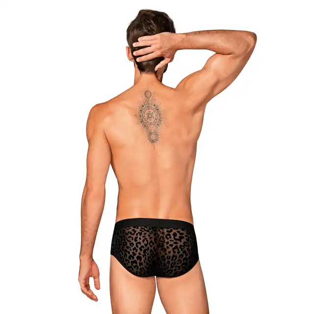 Obsessive - Azmeron Briefs L/XL - męskie slipy w klasycznej czerni. Kuszący wzór zwierzęcy dla podkreślenia pośladków 