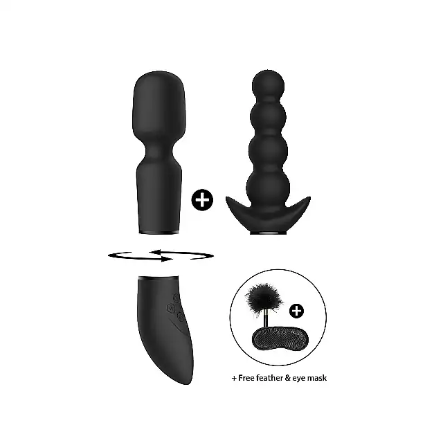 Shots - Switch Kit #3 Black - zestaw wibratorów z wymiennymi główkami oraz zmysłowa opaską i delikatnym piórkiem. Ostatnia sztuka!