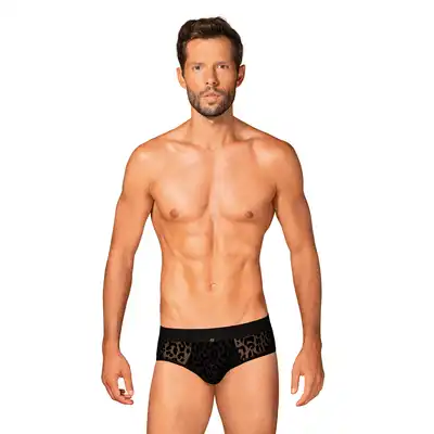 Obsessive - Azmeron Briefs L/XL - męskie slipy w klasycznej czerni. Kuszący wzór zwierzęcy dla podkreślenia pośladków 