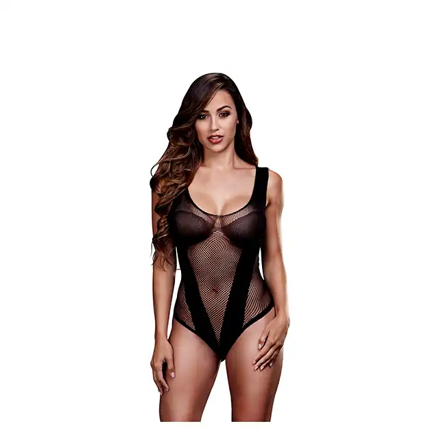 Baci - Jaquard Lace Suspender. Bodystocking z pięknej, wzorzystej siateczki. Doskonałe dopasowanie do ciała z iluzją gorsetu i pończoch.