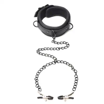 Master Series - Collared Temptress Collar - kołnierz połączony z zaciskami na sutki. Rozkręć sesję BDSM 