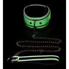 Master Series - Kink in the Dark Collar &amp; Belt. Zestaw obroży ze smyczą w biało-złotej kolorystyce. Materiał świecący w ciemności!