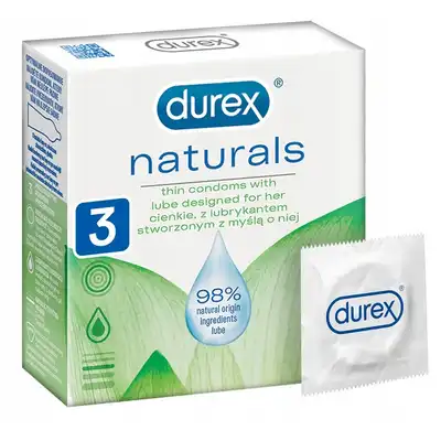 Durex - Naturals 3pc. Zestaw 3 cienkich prezerwatyw z lubrykantem na bazie naturalnych składników (98%) z myślą o NIEJ! 