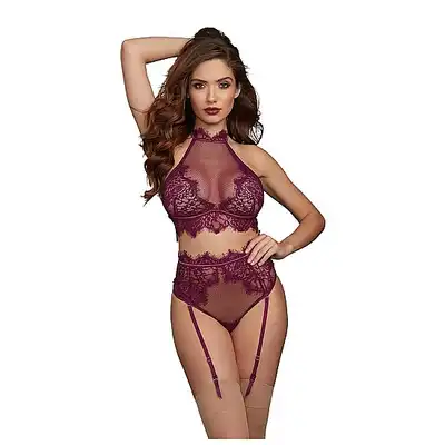 Dreamgirl - Bralette &amp; Garter Panty - M - Mulberry - komplet zmysłowej bielizny w kolorze filetowym. Wyjątkowo seksowny 