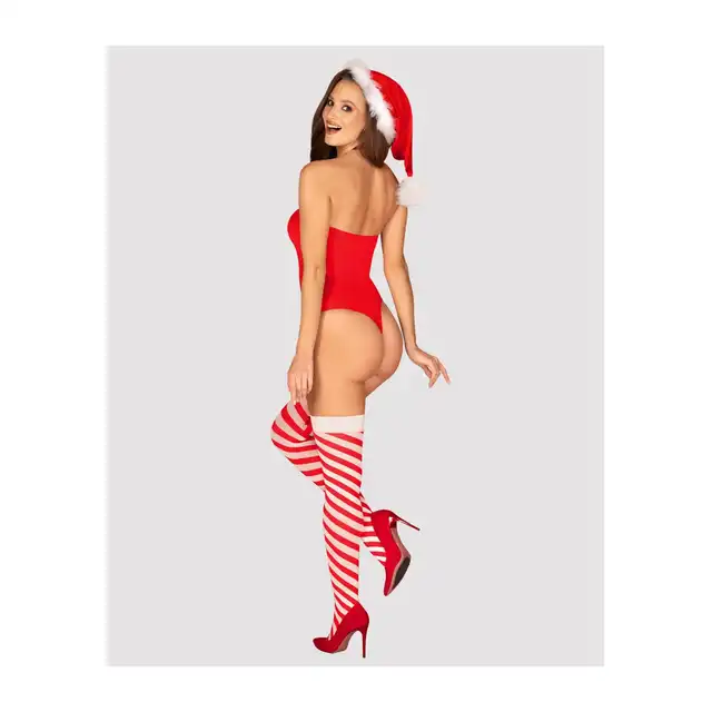 Obsessive - Kissmas Teddy XS/S. Seksownie uwodzicielskie body w stylu mikołajki. Niesamowite przebranie śnieżynki z czapeczką 