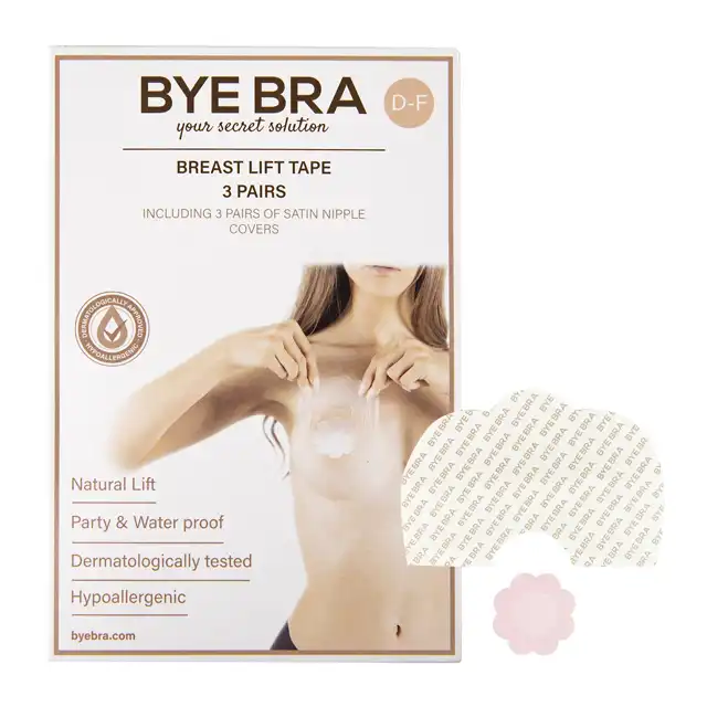 Bye Bra - Breast Lift Tape 3 Pairs D-F. Taśmy do biustu i nakładki na sutki. Renomowana jakość i wytrzymałość. Podniesiony biust bez stanika 