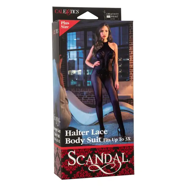 Scandal-  Halter Lace Body Suit Plus Size - zmysłowy bodystocking z długimi nogawkami. Rozmiar plus size 
