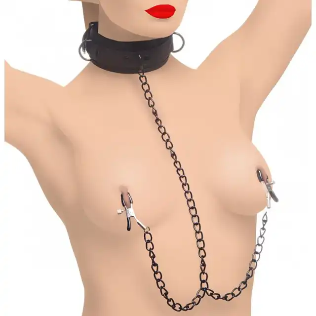 Master Series - Collared Temptress Collar - kołnierz połączony z zaciskami na sutki. Rozkręć sesję BDSM 