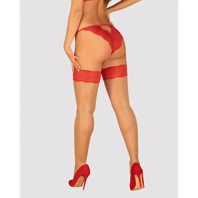 Obsessive - Mellania Stockings L/XL. Pończochy samonośne z koronką. Czerwień podkreśli Twoje wszystkie seksowne atuty