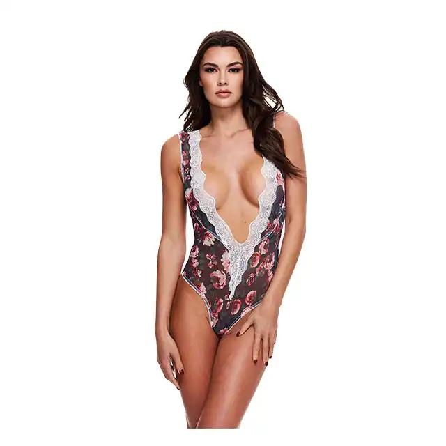 Baci - Grey Floral &amp; Lace Teddy M/L - przykuwające uwagę body ze zmysłowo odkrytymi plecami i głębokim dekoltem