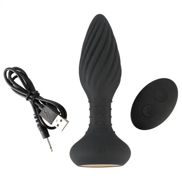 Anos - Remote Controled Butt Plug. Czarny, wibrujący plug analny z obracającymi kulkami. 10 trybów wibracji sterowane pilotem