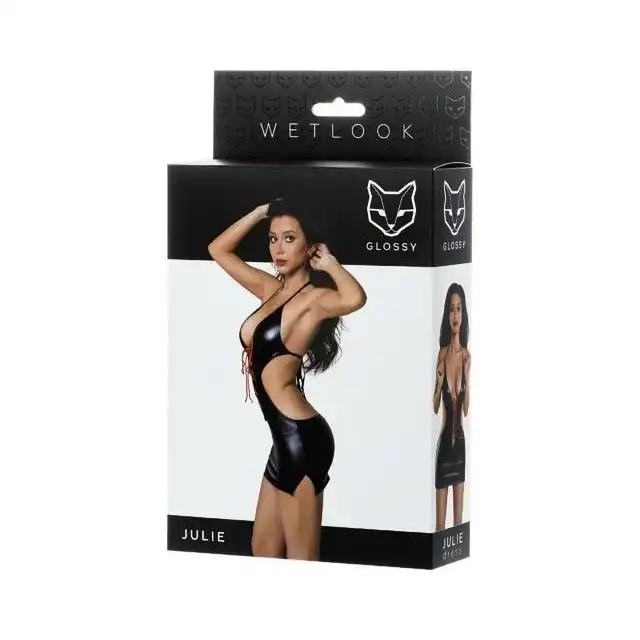 Glossy - Julie Dress M Black. Pobudzająca wyobraźnie sukienka z odkrytymi plecami oraz wycięciami na biodrach. Seksownie podkreślone piersi z czerwonym dodatkiem. 