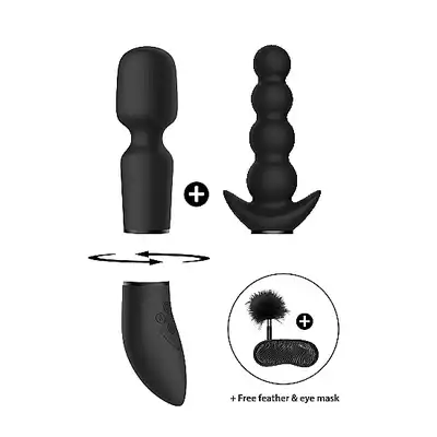 Shots - Switch Kit #3 Black - zestaw wibratorów z wymiennymi główkami oraz zmysłowa opaską i delikatnym piórkiem. Ostatnia sztuka!