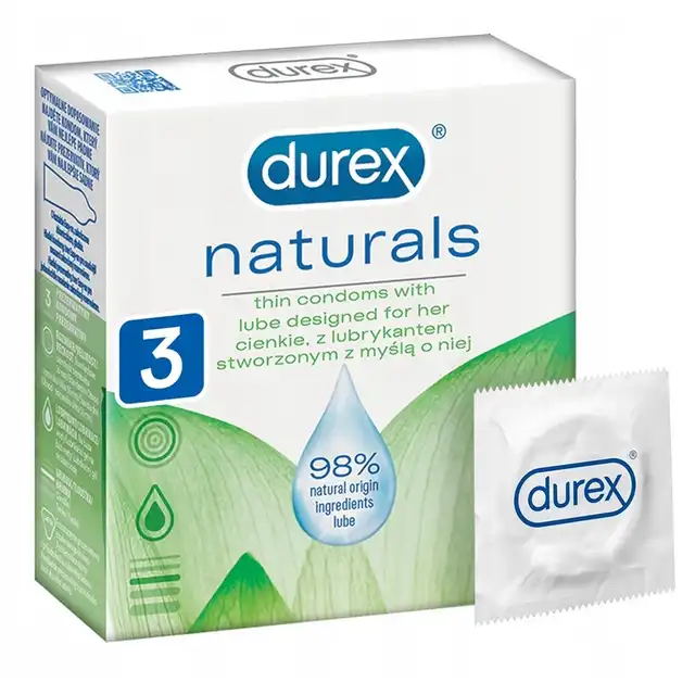 Durex - Naturals 3pc. Zestaw 3 cienkich prezerwatyw z lubrykantem na bazie naturalnych składników (98%) z myślą o NIEJ! 