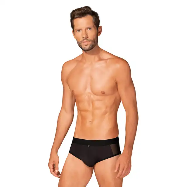 Obsessive - Boldero Briefs Black L/XL - klasyczne czarne majtki z gładkiego materiału. Prześwitująca, czarna koronka
