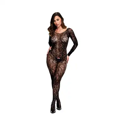 Baci - Longsleeve Crotchless OS - zmysłowy bodystocking z długim rękawem w ciekawy wzór. Otwarty krok