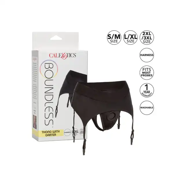 Calexotics - Boundless Thong Garter L/XL - stringi strap-on z pasem do pończoch. Rozkręć sesję BDSM
