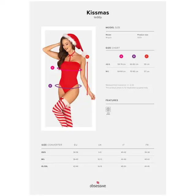 Obsessive - Kissmas Teddy M/L. Seksownie uwodzicielskie body w stylu mikołajki. Śnieżynka, która rozgrzeje wszystkie mrozy 